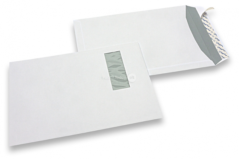 Kuverte s prozorčićem, bijele, 220 x 312 mm (EA4), prozorčić slijeva 40 x 110 mm, položaj prozora 20 mm sa lijevo i 50 mm gornja strana, 120-gramske, zatvaranje ljepljivom trakom, težina svake pribl. 18 g