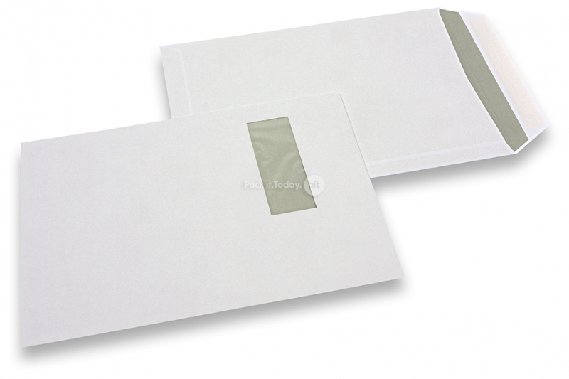 Kuverte s prozorčićem, bijele, 229 x 324 mm (C4), prozorčić slijeva 40 x 110 mm, položaj prozora 20 mm sa lijevo i 60 mm gornja strana, 120-gramske, gumirano zatvaranje, težina svake pribl. 20 g