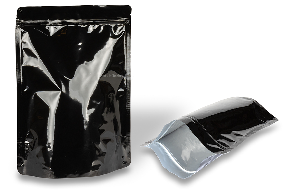 Sjajna crna samostojeće vrećice - 200 x 300 x 100 mm, 1800 ml