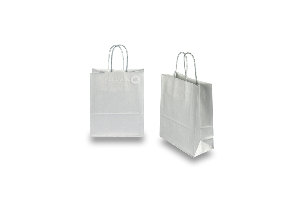 Papirnate vrećice s pletenom ručkom - srebrna, 180 x 80 x 220 mm, 90 gr