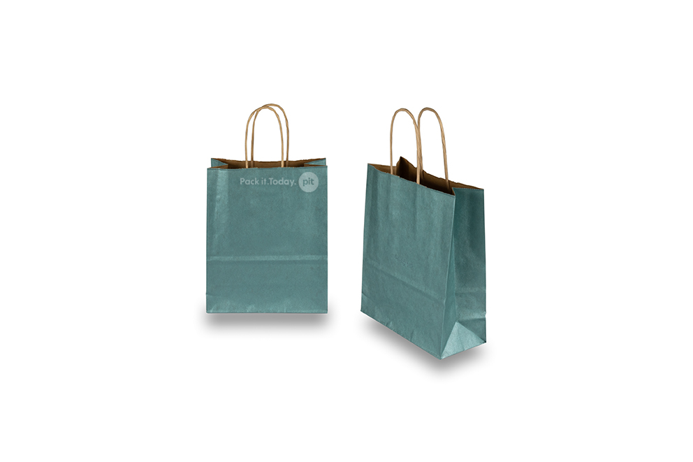 Papirnate vrećice s pletenom ručkom - petrol plava metalik, 180 x 80 x 220 mm, 90 gr